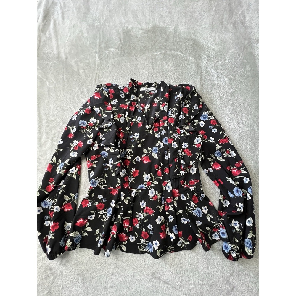 Sweet Rain Womens Blouse L Black Floral Ruffle Peplum Long Sleeve Top